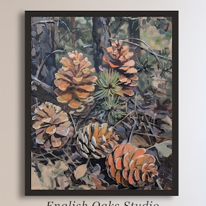 Fall rustic neutral pinecones decor print | Vintage autumn pinecones botanical painting