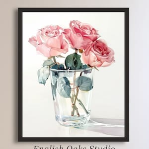 Dipinto di natura morta con fiori, stampa di rose rosa in vaso, arredamento rosa per nursery, regalo per la sua arte da parete