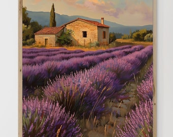 Vintage moody lavender field french country painting | Rustic farmhouse summer floral landscape print