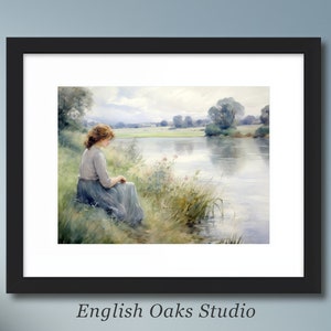 Vintage girl by the river painting | Antique landscape of girl sitting by a lake painting | 01