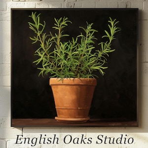 May include: A painting of a potted rosemary plant with green leaves in a terracotta pot against a black background.