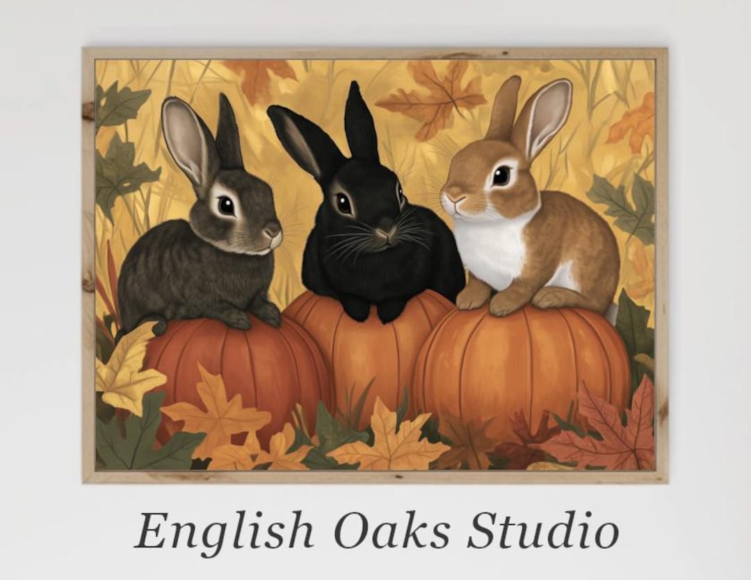 Fall Rabbits on Orange Pumpkins Print| Autumn Animal Harvest Wall Art ...
