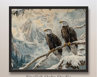 May include: Two bald eagles perched on a snow-covered branch in a snowy mountain landscape. The eagles are facing forward with their wings folded. The background is a snowy mountain range with a cloudy sky.