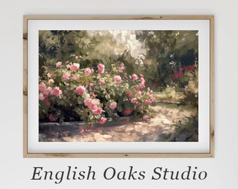 Impresión artística de pintura de jardín de rosas de cabaña: decoración de pared vintage de verano