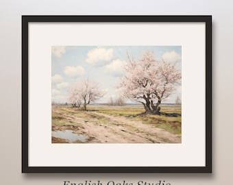 Paesaggio primaverile di campagna con alberi in fiore, dipinto a olio / Arte murale stampabile con frutteto primaverile / 02