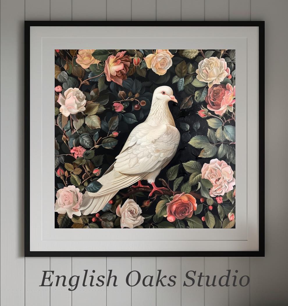 Dark Academia Victorian Floral White Dove Painting | Moody Goth