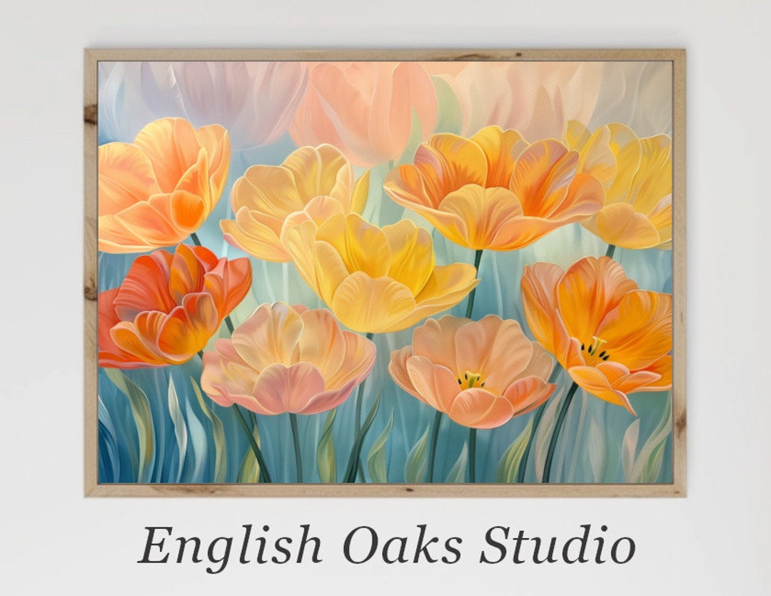 Spring Yellow and Orange Tulip Field Painting | Tulip Meadow Landscape ...