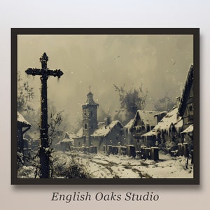 Moody vintage village print | Haunted village painting |   Dark academia, Halloween decor