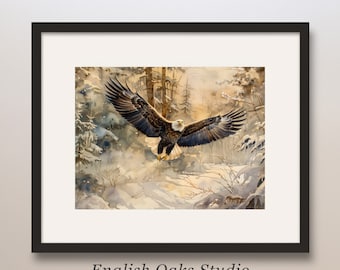 May include: Watercolor painting of a bald eagle in flight over a snowy forest. The eagle has brown and white feathers, with outstretched wings. The artwork is framed in a black frame, with the text "English Oaks Studio" at the bottom.