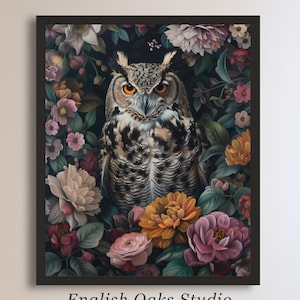 Dark academia Victorian floral great horned owl painting | Moody goth, cottagecore, bird botanical, whimsigoth print