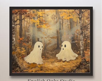 Vintage Halloween-spöktryck: Spöklik skogsväggkonst