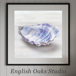 Vintage coastal blue oyster wall art print |  Blue oyster painting beach house decor 01