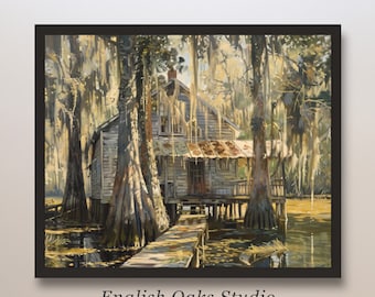 Vintage muted Louisiana cabin swamp painting| Neutral Southern bayou cypress print  01
