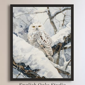 Snowy owl winter landscape watercolor painting | Wildlife snowy tree branch owl print | Bird nursery wall art