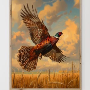 Vintage neutral flying pheasant in summer landscape painting | Hunting bird cabin print