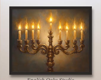 Stampa artistica da parete vintage con Menorah ebraica per le feste invernali / Dipinto rustico religioso Judaica Hanukkah