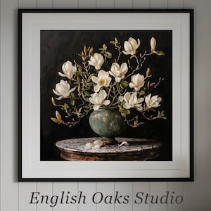 Moody magnolia blooms in a vase on a marble top painting | Vintage white flower still life print