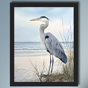 Seaside blue heron on the beach painting |  Country watercolor bird print