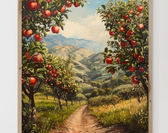 Path in an rustic orchard with apple trees print  | Vintage Farmhouse red apples orchard painting