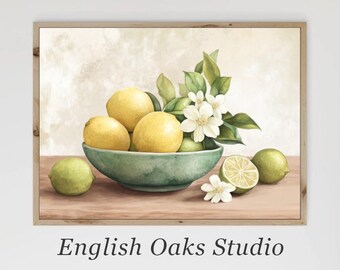 Vintage Lemon & Lime Still Life Painting: Farmhouse Kitchen Print