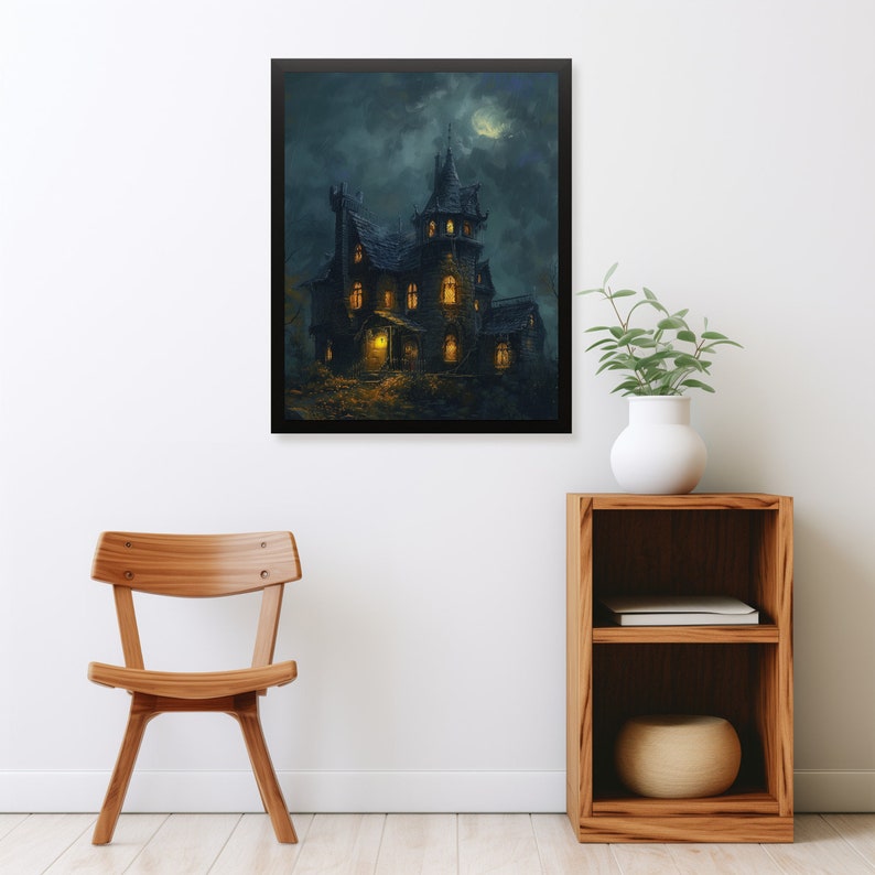 Vintage Moody Haunted House Painting Victorian Mansion, Dark Academia