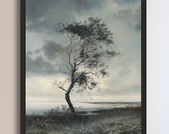 Moody vintage  tree lakeside landscape print |  Dark academia decor painting