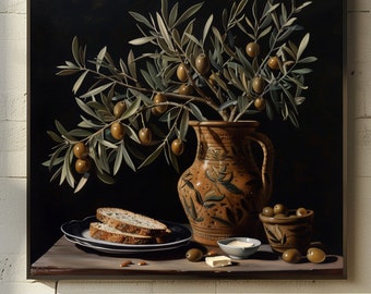 Vintage Olive Branch Print: Rustic Farmhouse Kitchen Still Life