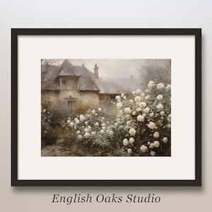 Vintage rose garden oil painting | English cottage printable wall art