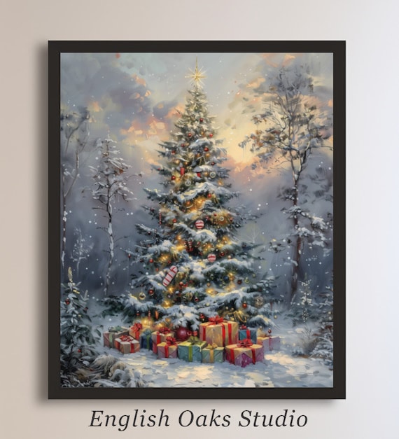 Vintage Christmas Tree Painting: Cottagecore Winter Holiday Wall