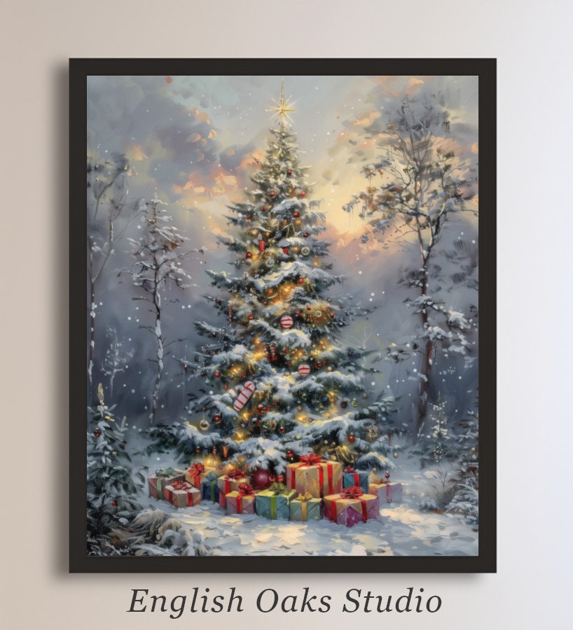 Stampa artistica da parete con albero di Natale, paesaggio innevato, stampa su tela, decorazione invernale da parete, per soggiorno e camera da letto, 76,2 x 50,8 cm