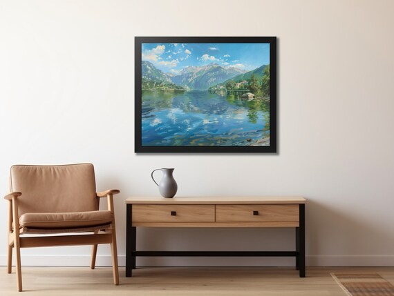 アルパイン湖の絵画：山の風景画、湖畔の家の装飾 - Etsy 日本