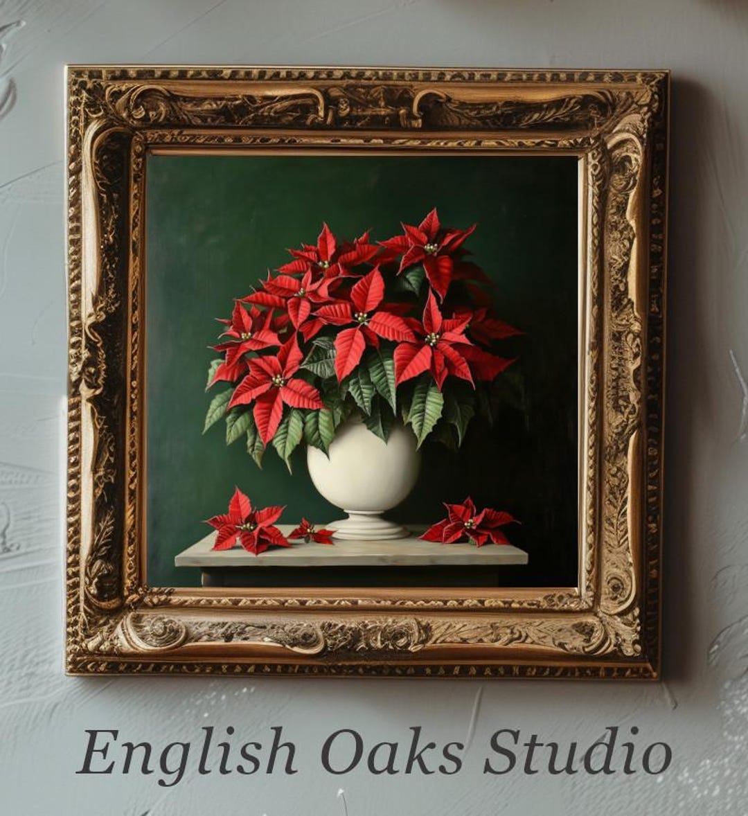 ポインセチアの絵画：冬のホリデーフラワー静物画装飾プリント - Etsy 日本