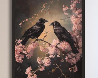 May include: Two black crows perched on a branch of a tree with pink blossoms. The crows are facing each other and the background is a soft, muted brown.