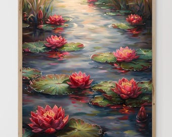Vintage water lilies print | Botanical flowers in pond landscape painting
