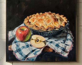 Cuadro de pastel de manzana con temática de cocina de estilo rústico melancólico / Impresión de bodegón con decoración de repostería oscura de estilo rústico vintage