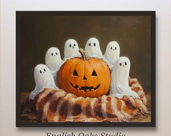 Impresión vintage de Halloween / Calabaza espeluznante, arte de fantasmas