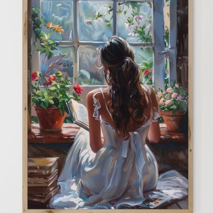 Portrait of a young woman reading near a window print | Vintage painting | 01