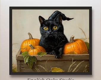 Autumn Cat Print: Vintage Halloween Black Cat with Pumpkins