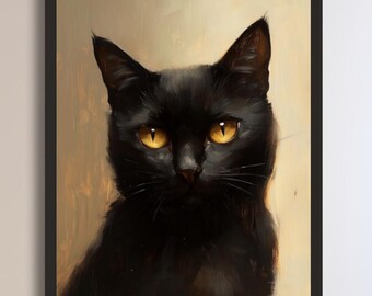 Rustic Halloween Black Cat Art Print: Vintage Moody Portrait