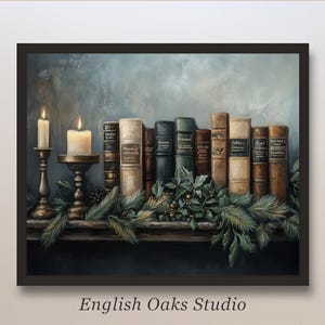 Moody rustic winter season books, candles and greenery on a vintage wooden shelve painting |  Christmas book art still life print
