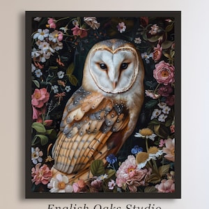 Dark academia Victorian floral barn owl painting | Moody goth, cottagecore, bird botanical, whimsigoth print