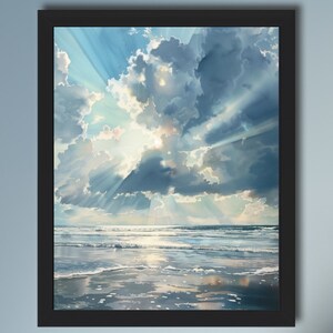 Könnte beinhalten: Ein gerahmtes Gemälde, das eine Meereslandschaft mit einem bewölkten Himmel und Sonnenstrahlen zeigt, die durch die Wolken scheinen. Das Meer ist ruhig und das Wasser spiegelt das Licht der Sonne wider. Das Gemälde ist in einem schwarzen Rahmen und trägt den Text "English Oaks Studio" am unteren Rand.