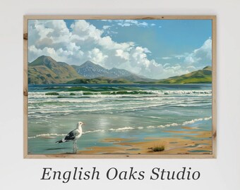 Pintura decorativa vintage de aves náuticas de playa / Impresión de paisaje marino, costa, océano, olas, gaviota