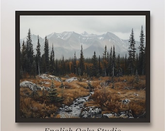 Rustic fall mountain and river muted tones landscape painting | Moody vintage neutral autumn print