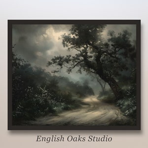 Rustic moody path in forest landscape painting | Vintage dark academia wall art print
