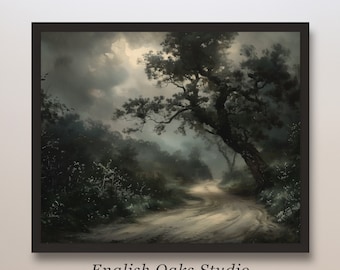 Rustic moody path in forest landscape painting | Vintage dark academia wall art print