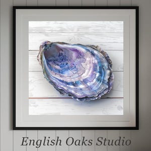 Vintage coastal blue oyster wall art print | Blue oyster painting beach house decor 02