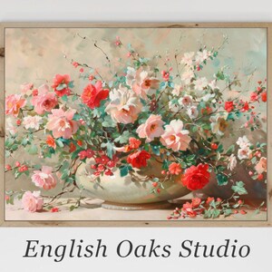 Moody pink and red flower vase painting | Vintage flower still life print