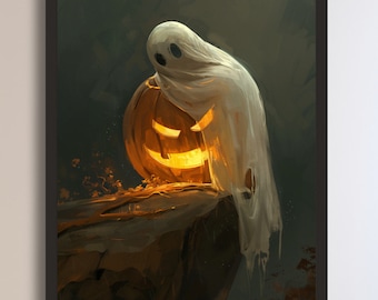 ヴィンテージハロウィーンの幽霊とカボチャの絵画：不気味な壁アート