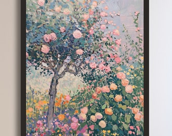 Rose garden painting | Vintage roses landscape print